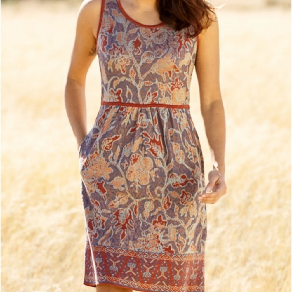 Peruvian Connection Java Knit Sweater Dress Pima Cotton Sz XL Blue Coral‎ Floral